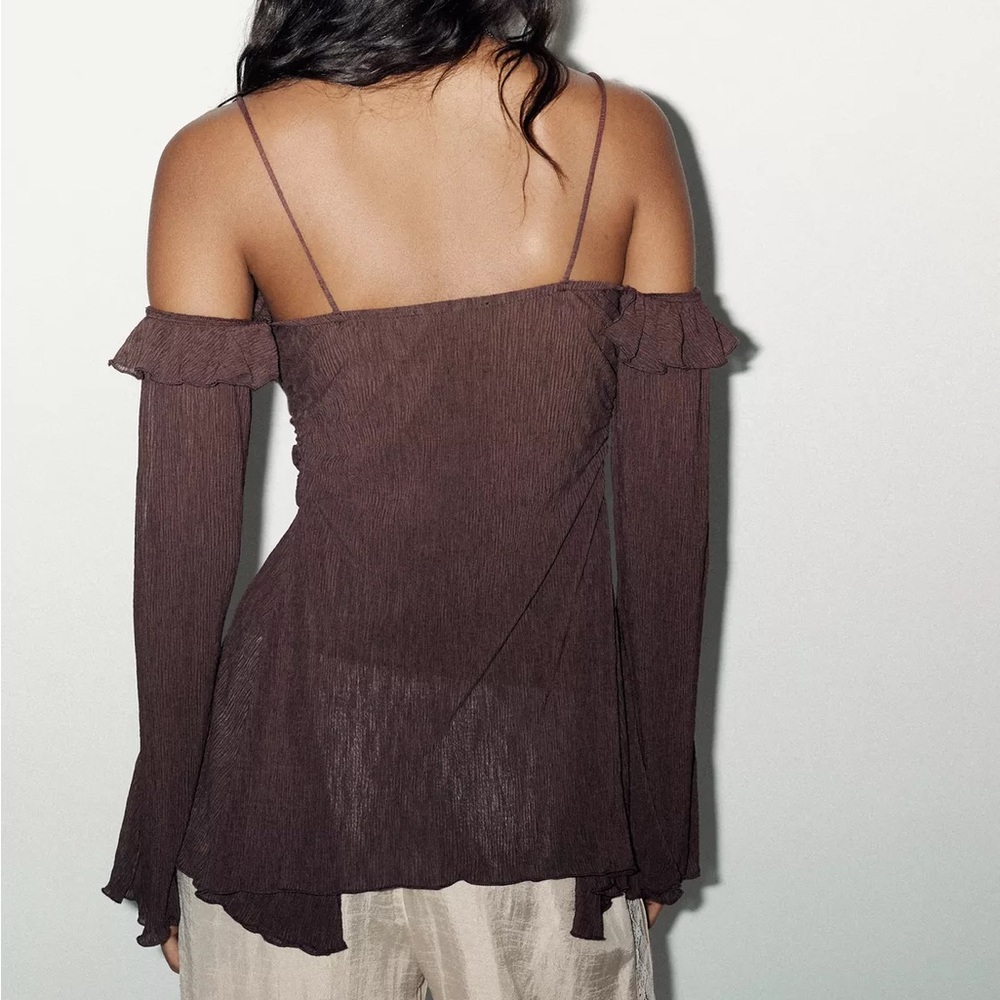 Zara Brown Ruffle Off-Shoulder Blouse - Picture 6 of 6